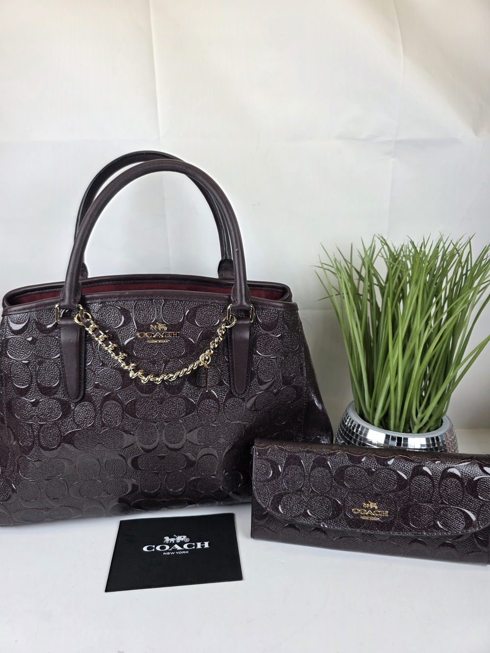 Coach Debossed Margot Sparkly Purple Plum Embossed Patent Satchel Bag Wallet Set